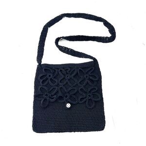 Vintage 90s Black Boho Crochet Daisy Crossbody Messenger Bag Handbag Purse